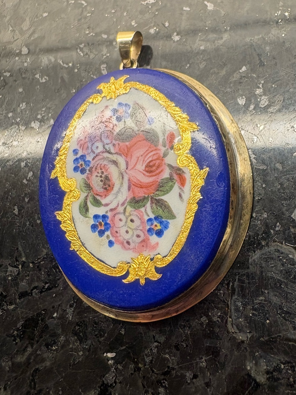 Victorian painted lapis pendant, Gorgeous with back frame and bail 14k gold.
